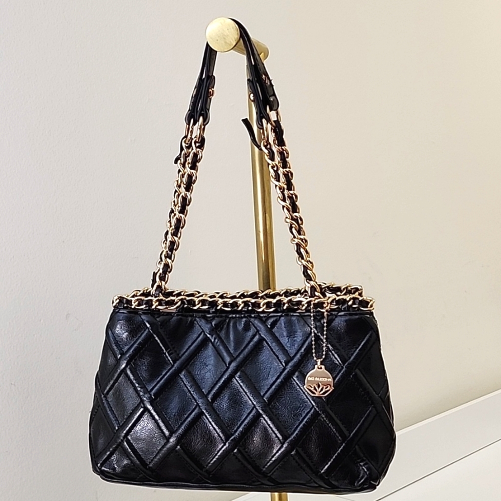 EUC Big Buddha Black Quilted Shoulder Bag with Gold Chain and Charm